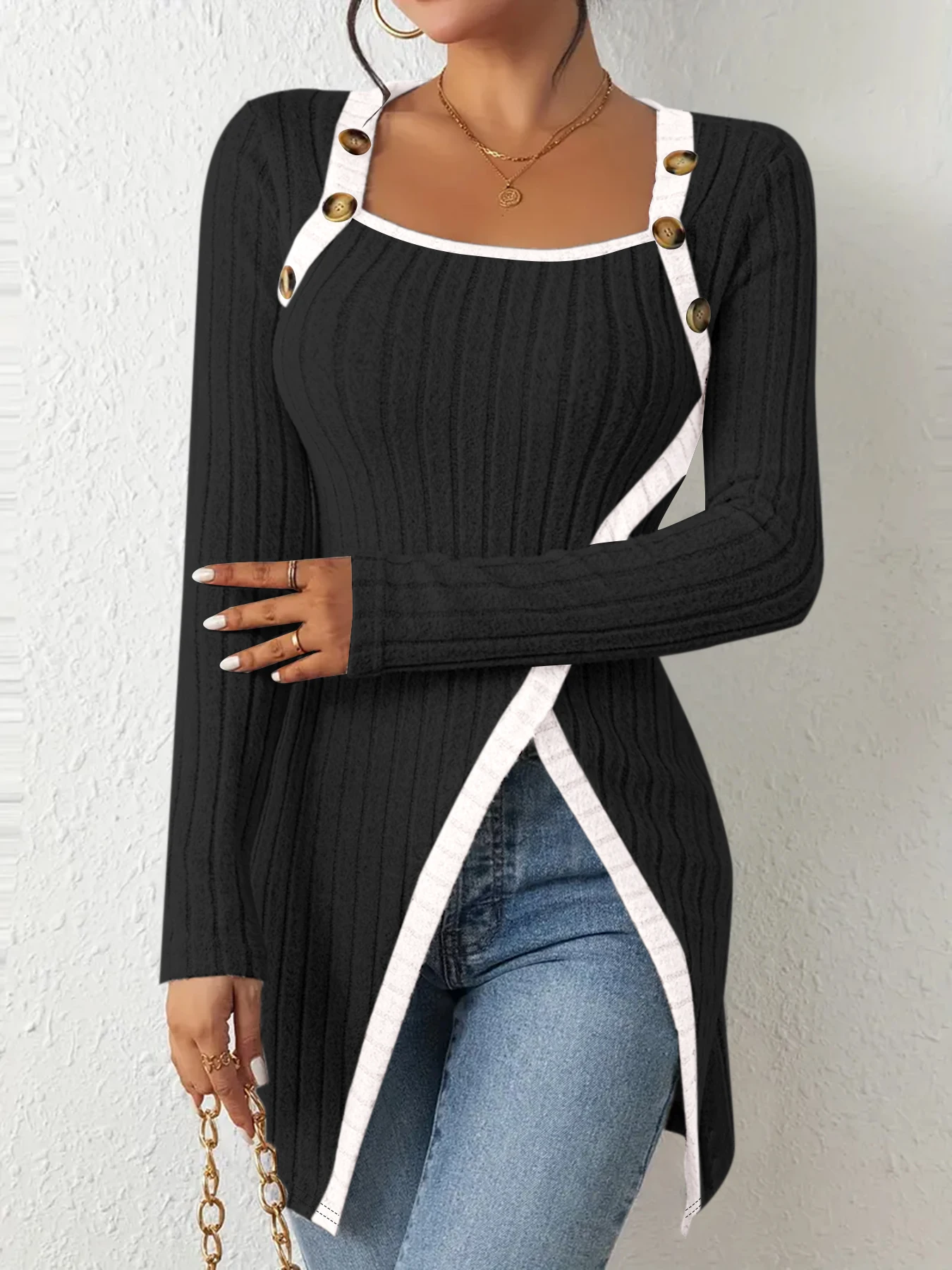 여성용 유로-아메리칸 스타일 스퀘어 넥 골지 니트 탑 - 긴 소매, 버튼 장식, 비대칭 밑단, 슬림핏 베이스 블라우스