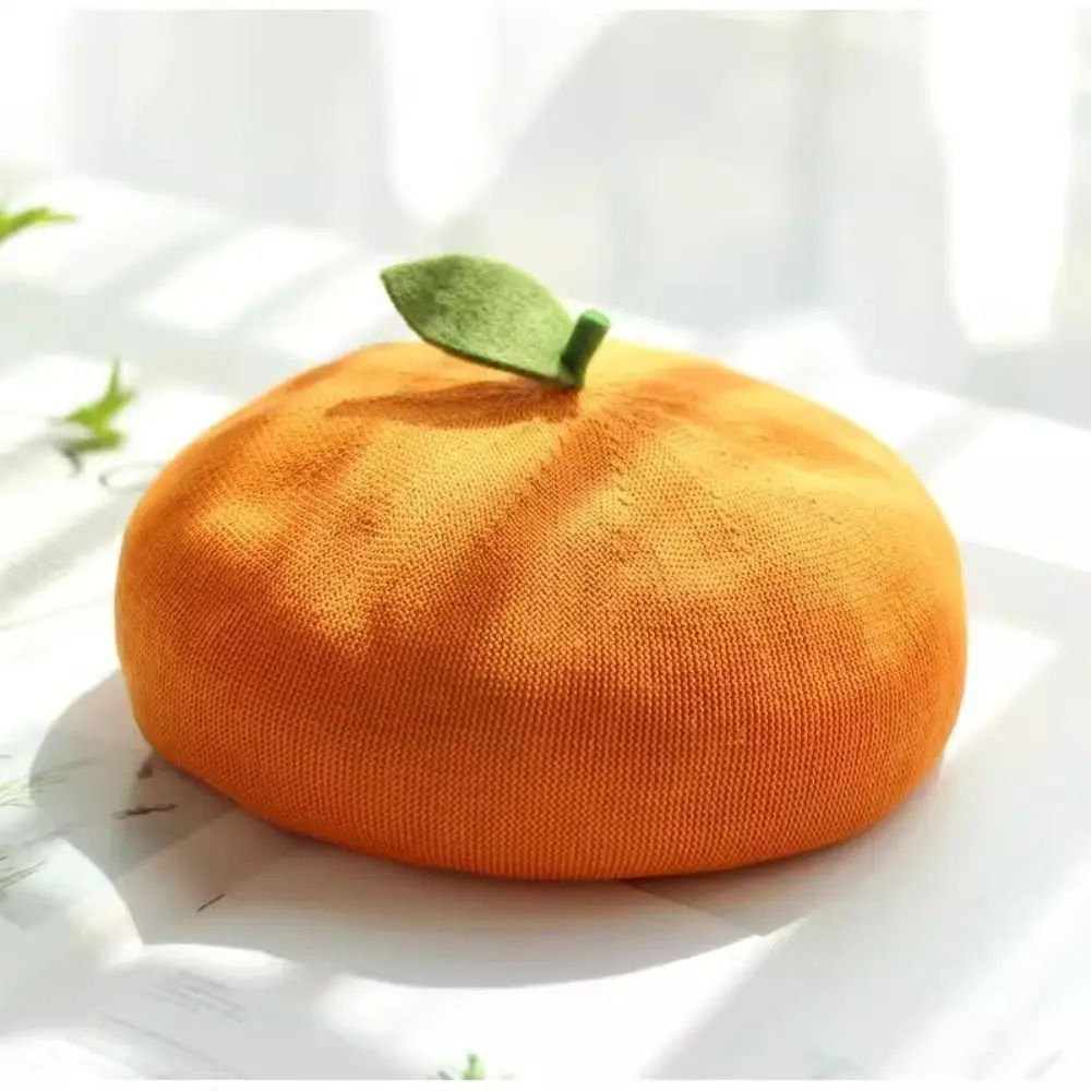 Sweet Red Apple Beret Cap Orange Shaped Soft Painter Hat Breathable Handmade Knit Beret For Lady Girls