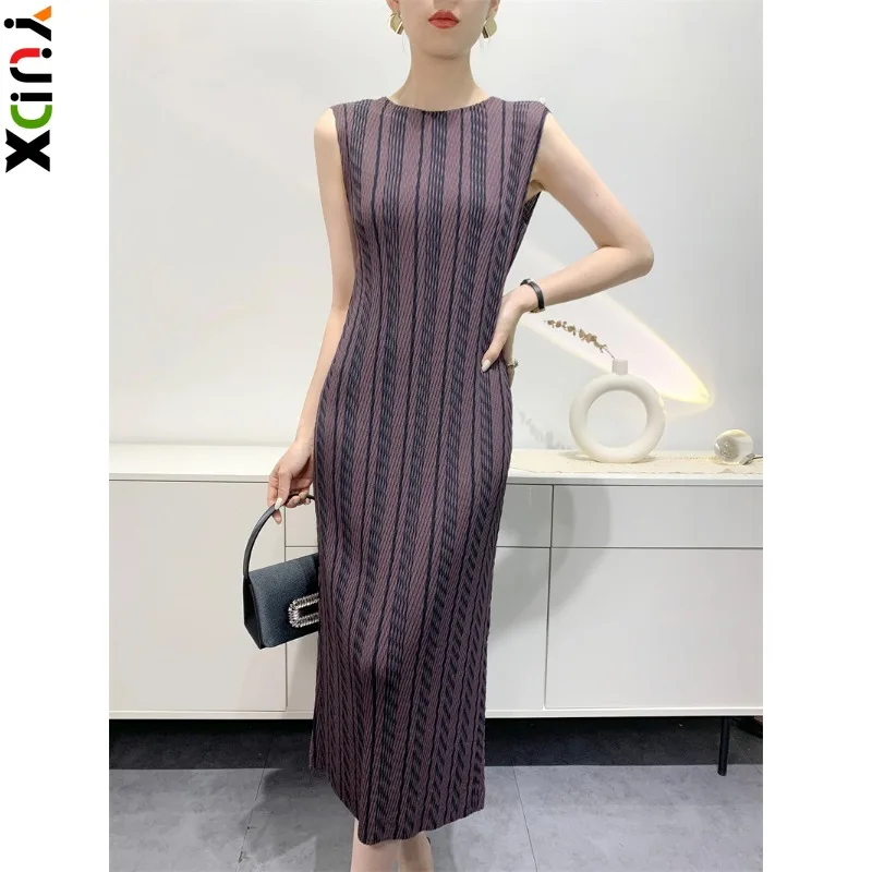 YUDX Miyake Pleated Fashion Printed Women\'s Dresses Medium Long Vest Dress Split Comfortable Casual Slim Skirt 2024 Summer New