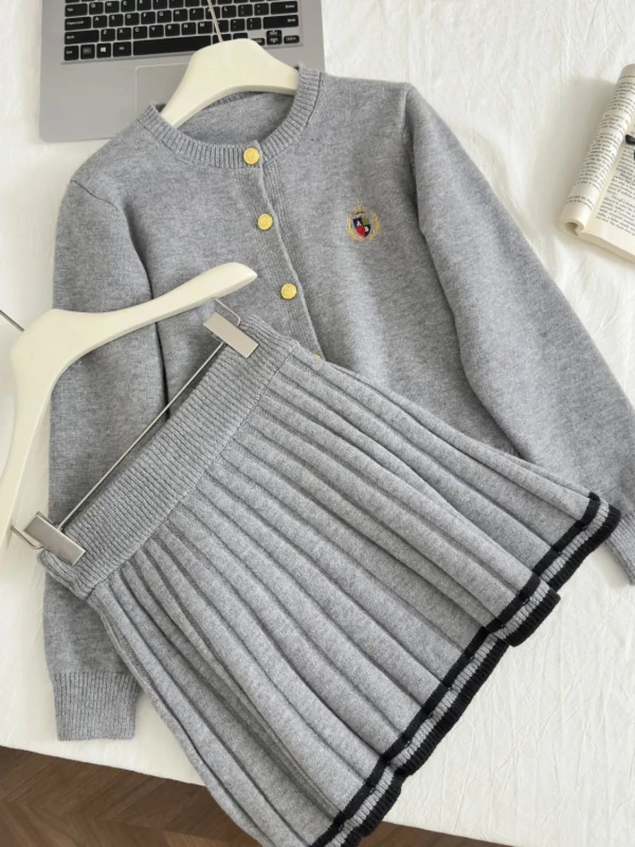 Autumn Winter Women Korean Preppy Fashion Knit Outfits 2 Piece Set Long Sleeve Embroidery Cardigan Sweaters + Mini Pleated Skirt