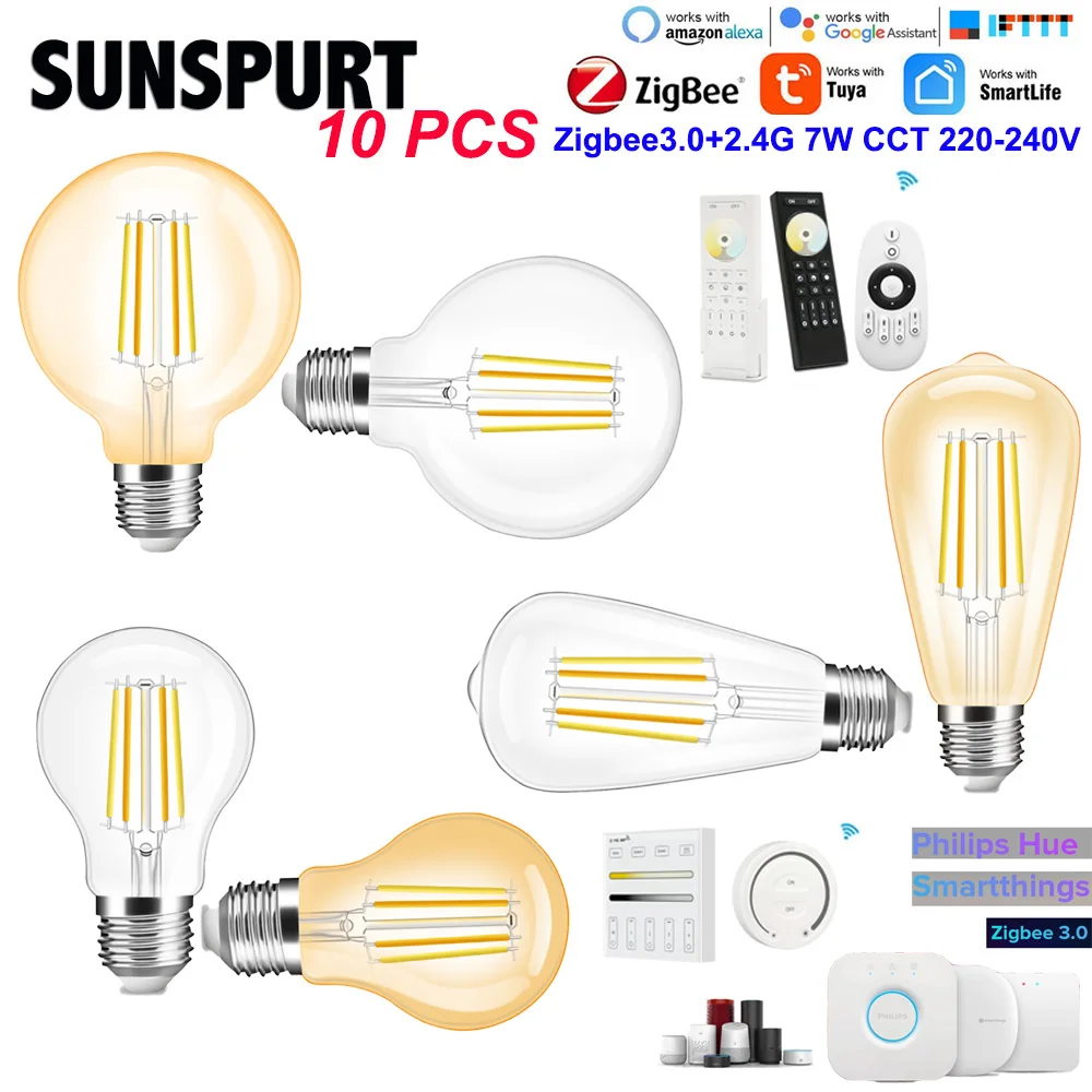 

220-240 В Zigbee 3,0 ST64/A60/G95 7 Вт 2,4G RF Pro Светодиодная лампа накаливания в стиле ретро E27 CCT с умной регулируемой яркостью для внутреннего декоративного освещения