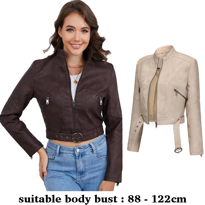 

Высококачественная женская кожаная короткая куртка с принтом, воротник-песочный воротник с поясом, повседневная одежда на осень-зиму 2025, коричневая, серая, бежевая