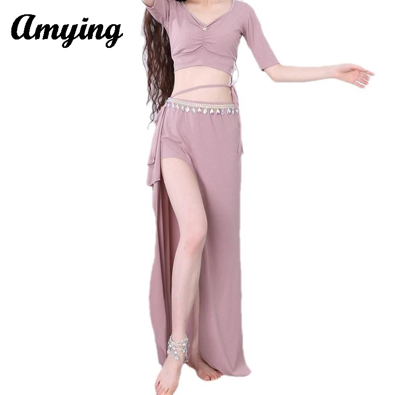 2PCS New Belly Dance Suit Sexy Half Sleeves Top+Split Skirt Women's Practice Training Suit Lady Dance Stage Performance Costume