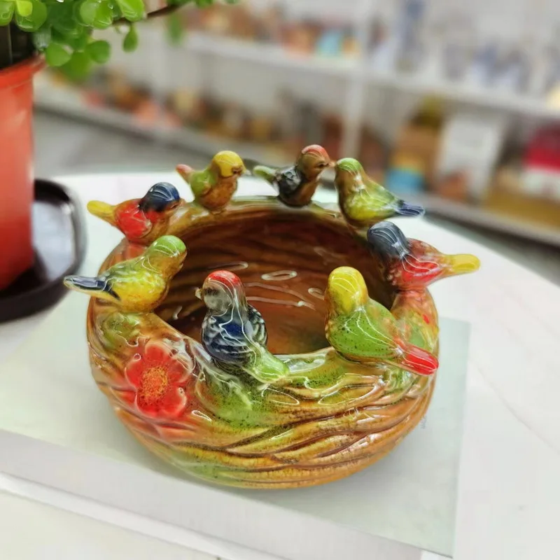 Ceramic Handicrafts Kiln-changed Glaze Storage Tank Pen Holder Dry Flower Pot, Eight Magpies and Frogs Decorative Figurine