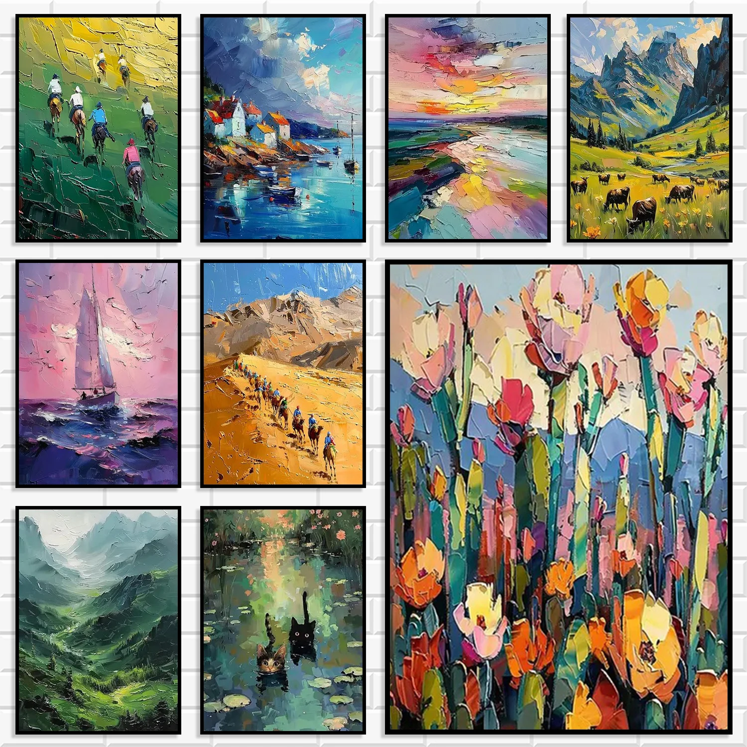 Impasto Thick Brush Stroke Canvas Wall Art Colorful Landscape Floral Ocean Mountain Scenery Figure Animal Poster for Home Decor
