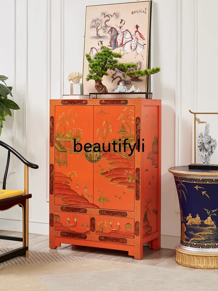 French Chinese-style orange orange double door new Chinese-style small wardrobe shoe cabinet foyer entrance dining side cabinet