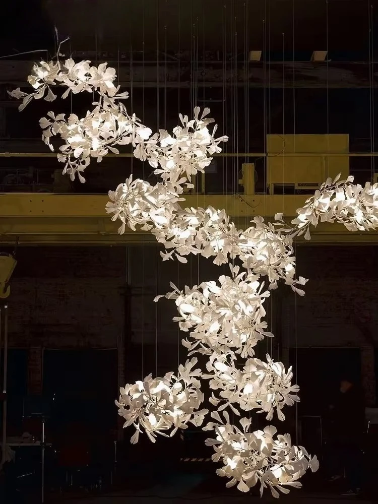Long Ginko Leaves Ceiling Hanging Chandelier High Ceiling Rectangle White Porcelain Branch Leaf Pendant Chandelier For Vila Loft
