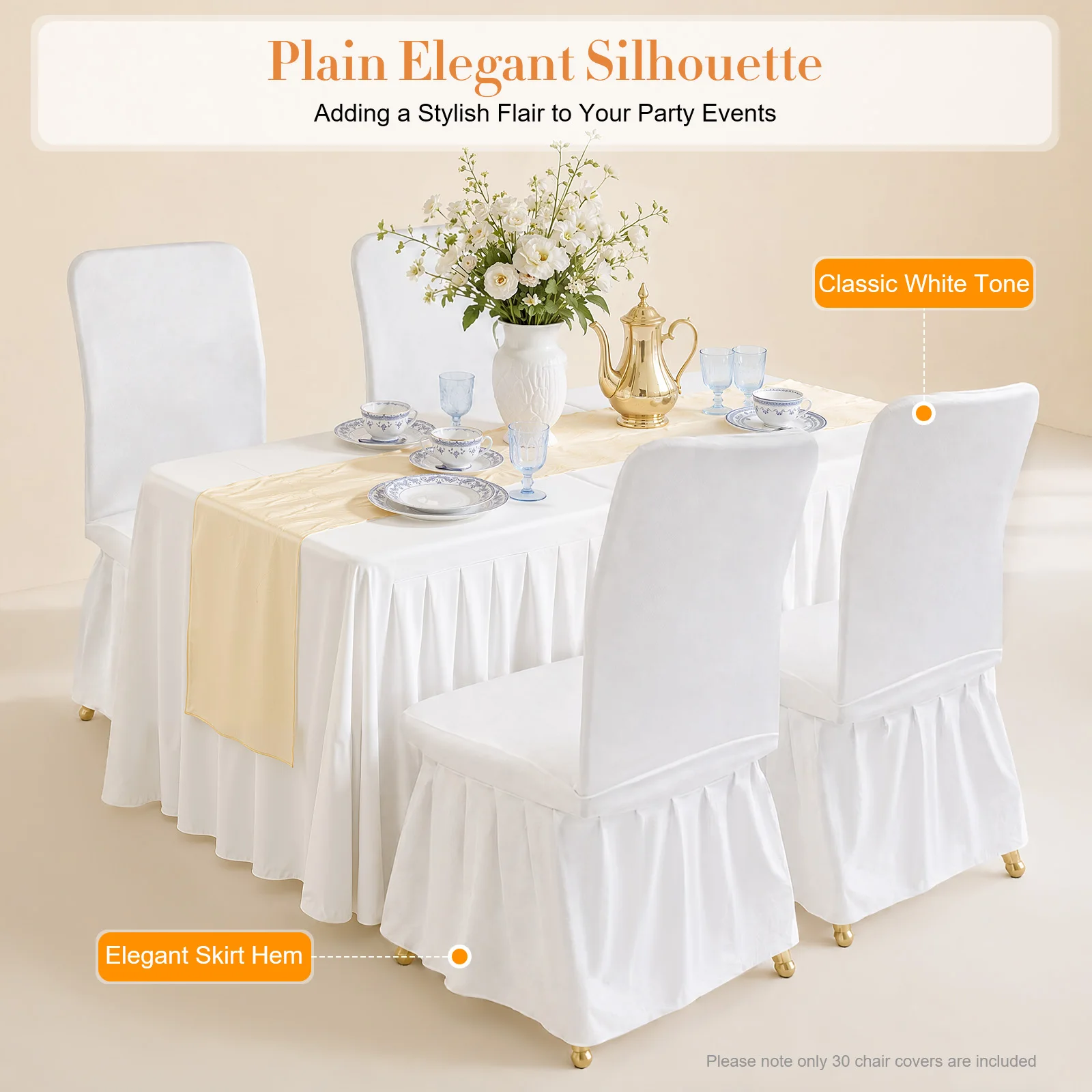 30 Pieces Stretch Chair Slipcovers With Ruffled Skirt, White Spandex Chair Covers, Washable Elastic Chair Protector For Wedding, Banquet, Hotel, Party