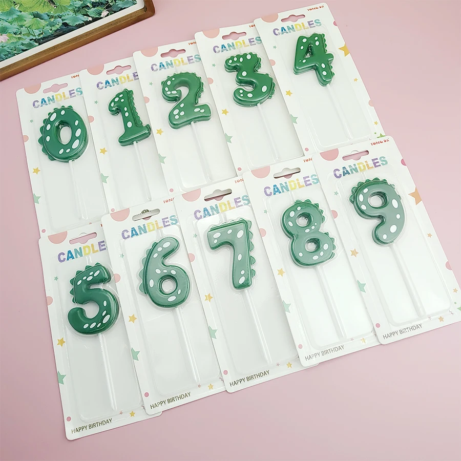 Grüne Dinosaurier-Zahlen 0–9 + 8 Stück grüne Kerzen „Happy Birthday“-Kuchenkerze für Kinder, Prinz, Party, Cartoon-Dinosaurier-Dekoration – Detail 12