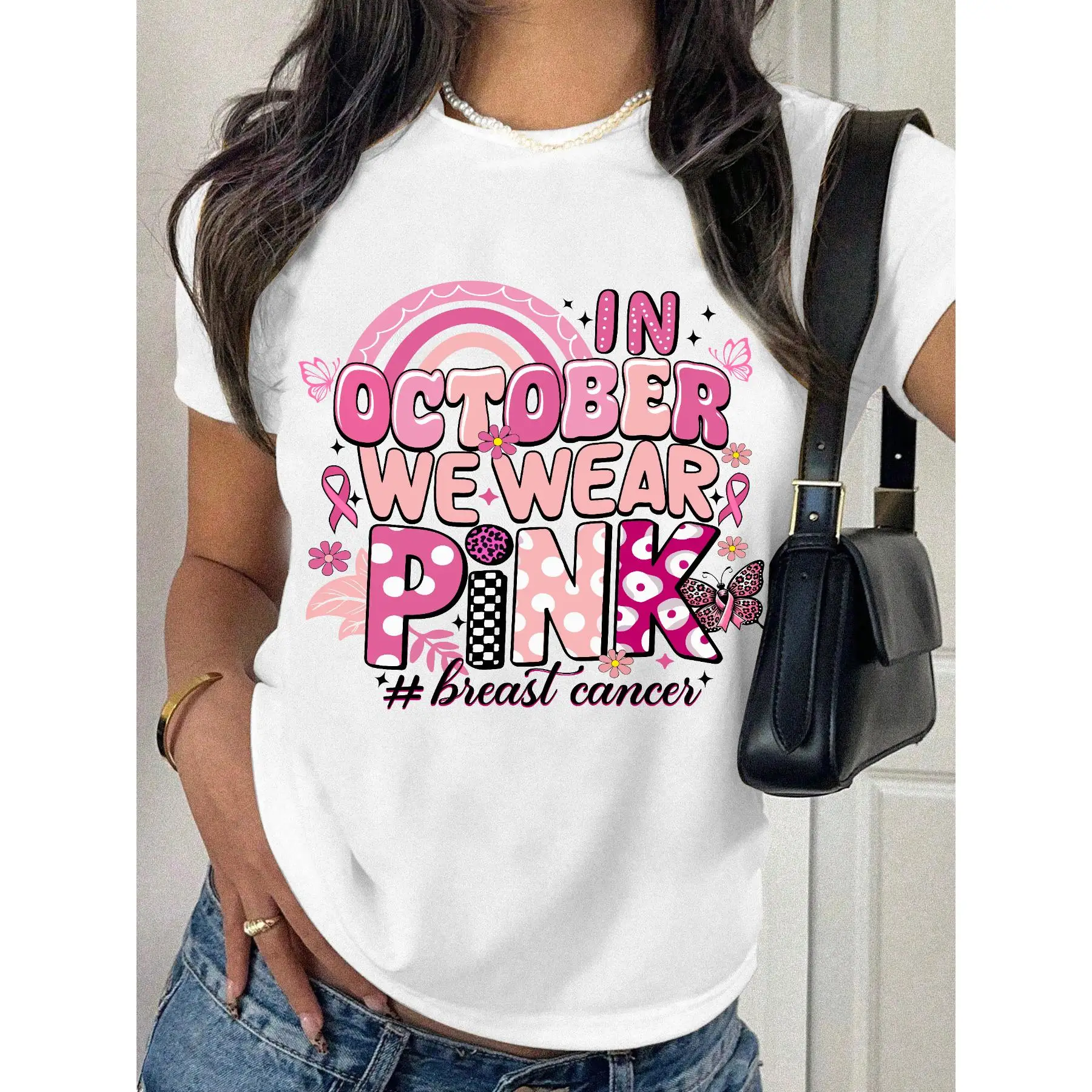 

Cute Pink Ribbon Breast Cancer Awareness T-shirt, Women's Colorful Graphic Tee, October We Wear Pink Shirt, Cancer Survivor Gift