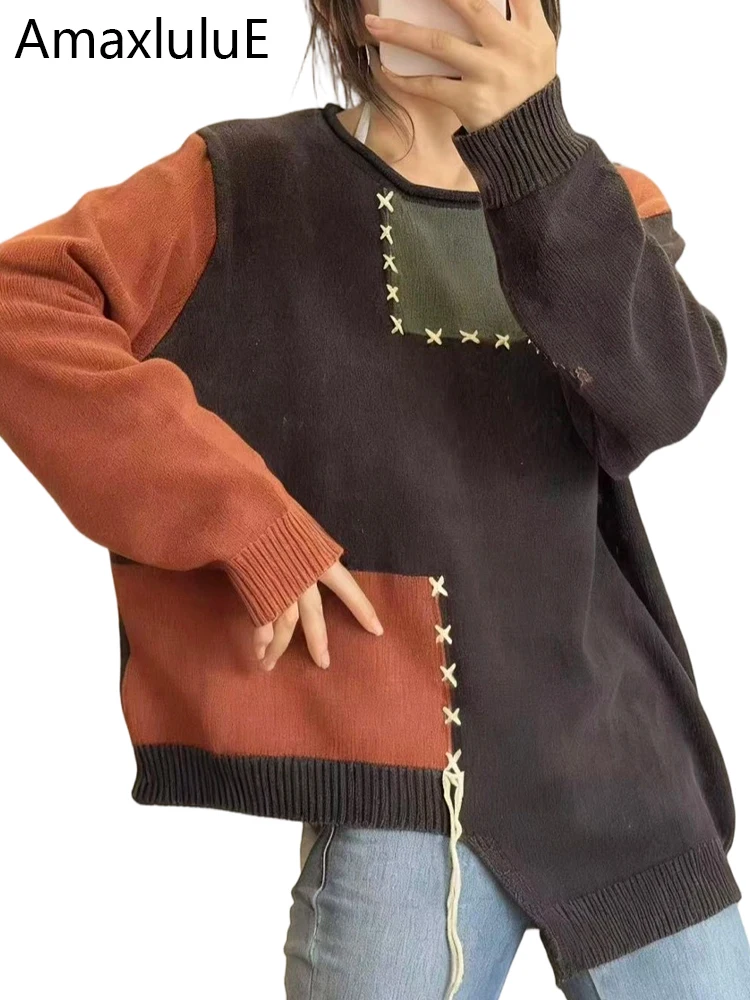 

Amax LuluE зимние модные дизайнерские джемперы женские свободные теплые свитера с вышивкой женские классические повседневные пуловеры большого размера с круглым вырезом