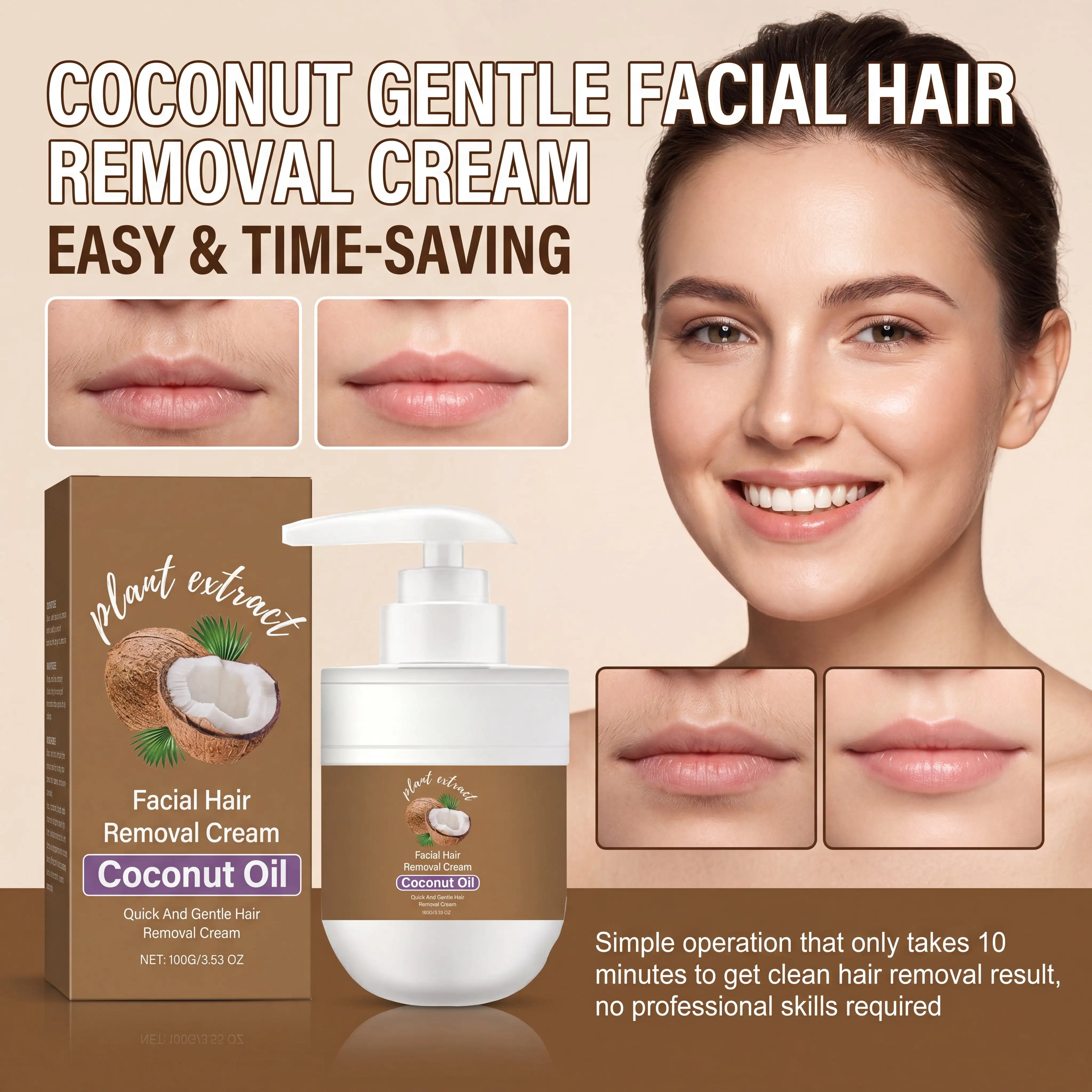 Gentle Hair Removal Cream For Facial Hair Removal Aloe Vera Coconut Oil Avocado oil Body Lip Flaky Skin Care Moisturizer 100g