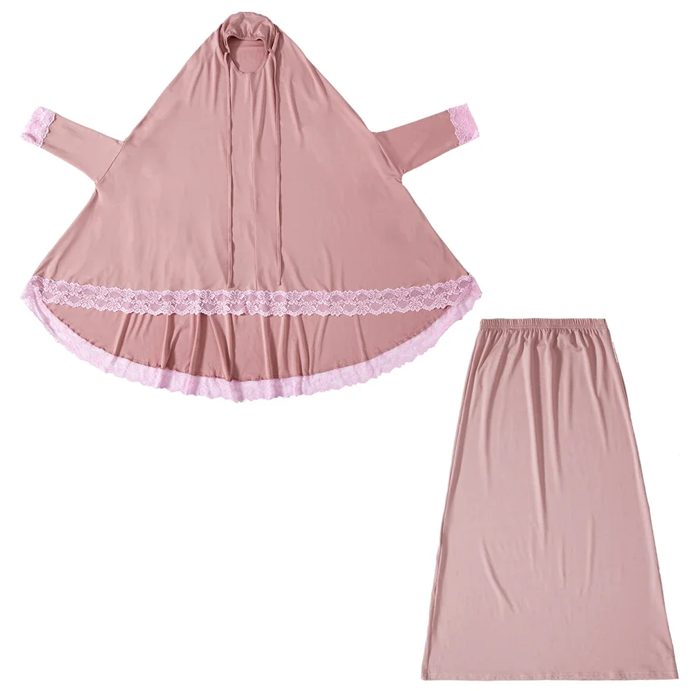 Ramadan Hooded Khimar Jalabiya Muslim Sets Kids Girls Hijab Dress Eid Lace Djellaba Abaya Robe Skirt Islam Prayer Garment Kebaya