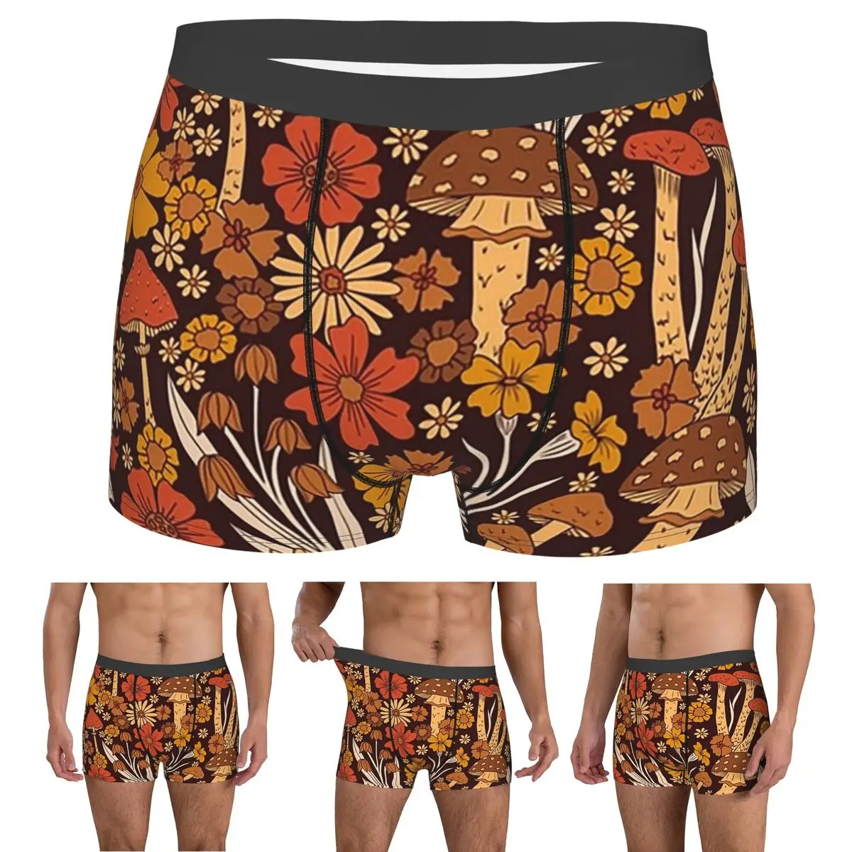

Boxer Underpants Shorts Retro 1970s Brown And Orange Mushrooms And Flowers Panties Men's Comfortable Underwear for Homme Man