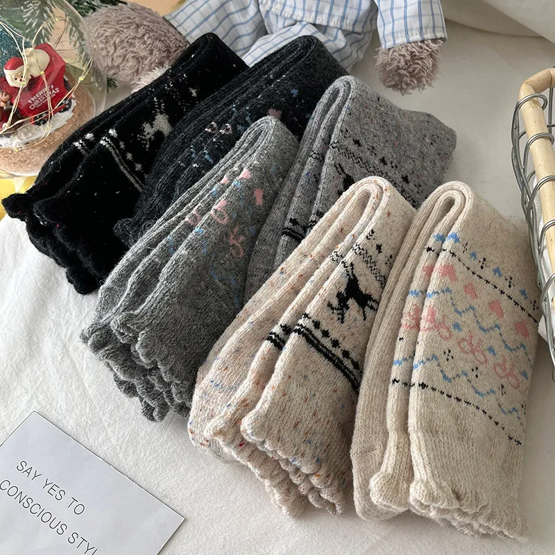 2026 New Autumn and Winter Wool Socks Women Cartoon Elk Thickened Warm Medium Tube Socks Japanese Bow Long Socks Christmas Gifts