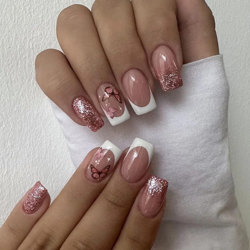 24 Stuks Vierkante Nep Nagels Glitter Roze Vlinder Nail Art Zoete Pers Op Nagels Kort Versierde Valse Nagel Tips Korte Nep Nagels