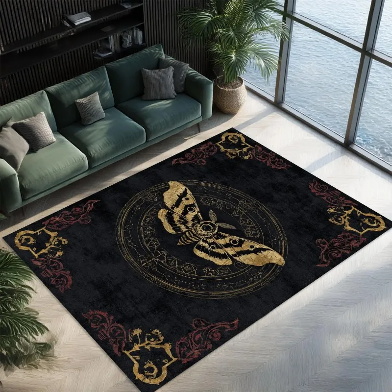 

Dark Gothic Moth Rug with Occult Alchemy Circle Black Witchy Carpet with Baroque Mystical Insect Motif Alternative Room Mats
