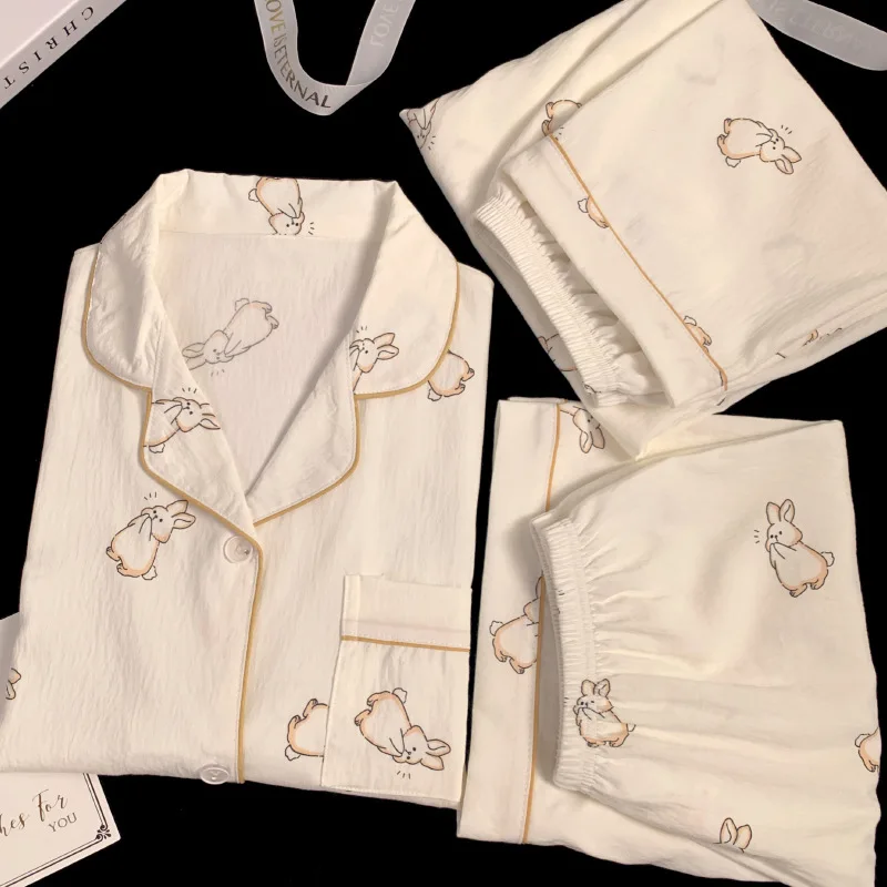 

Korean-Style Minimalist Rabbit Print Pyjamas Spring/Summer Cloud Cotton Three-Piece Set Fashionable and Relaxed Loungewear