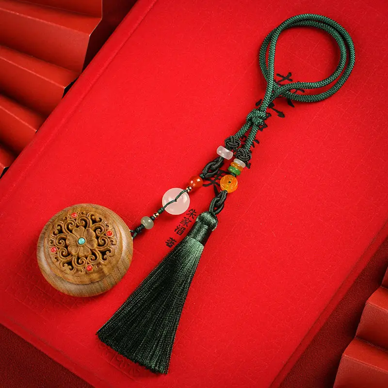 UMQ Original Hollow Carved Green Sandalwood Pendant Perfume Bag Pendant Men and Women Tassel Car Incense