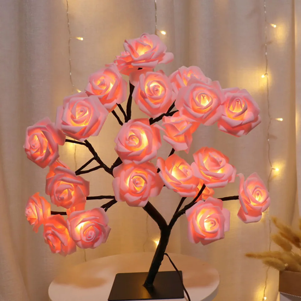 Lampu pohon bunga mawar LED, lentera meja USB buatan Bonsai mawar, lampu malam kamar tidur suasana Natal hadiah Hari Valentine