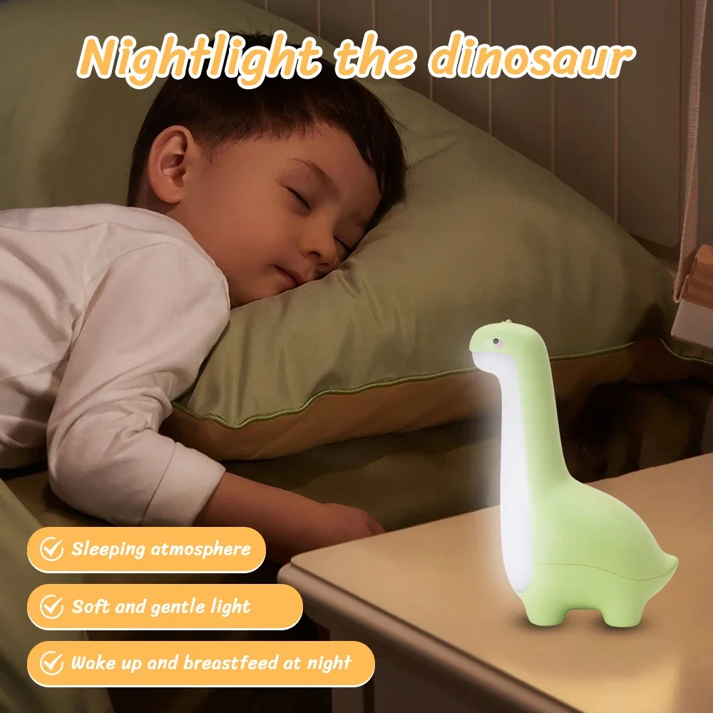 Luz nocturna de dinosaurio para niños: lámpara LED para guardería recargable por USB con 3 colores, luz de alimentación junto a la cama de dibujos animados lindos y ayuda para dormir