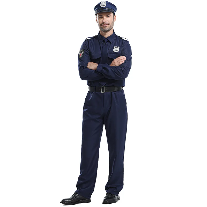 

Hero Cop Men Costume Dark Blue Police Man Uniform Halloween Fancy Dress Up Adult Polices Officer Costume