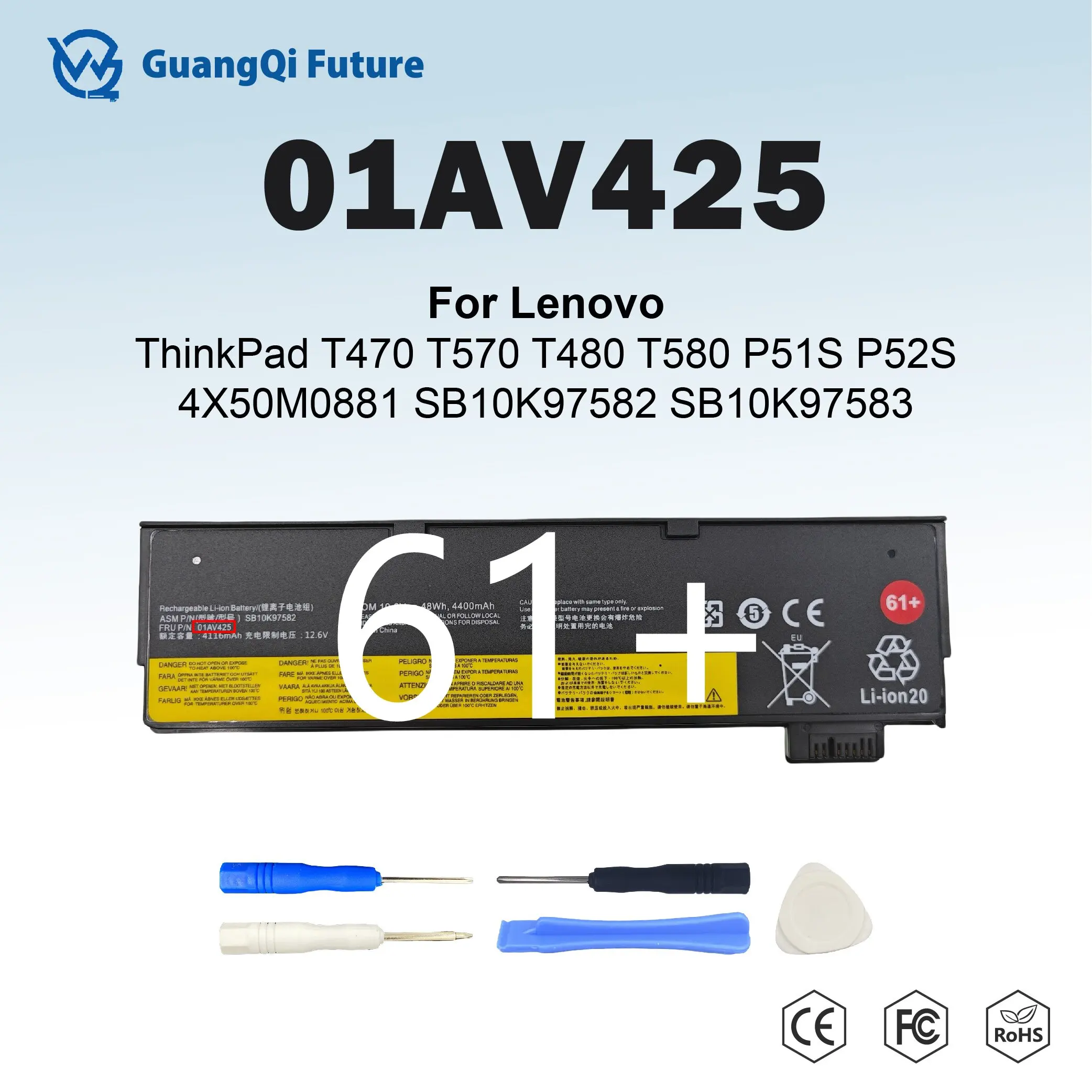 48Wh 61+ 01AV425 Laptop Battery 4400mAh SB10K97582 For Lenovo ThinkPad T480 T470 P51S P52S T570 T580 A485 A475 TP25 Series 01AV4
