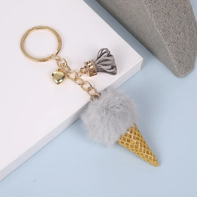 Cute Ice Cream Shape Keychain Macaron Cone Key Chain Keyring Backpack Handbag Pendant Car Decoration Bulk Women Girls Gift