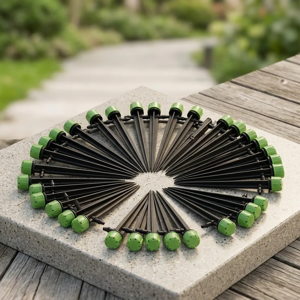 50 Pack For Garden Drip Emitters with 360 Degree Adjustable Nozzle and Dual Barb Connectors for PE Tubing Irrigation
