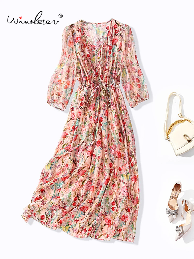 

Winsleter-Women's 100%Real Silk Elegant Dress, Half Sleeve V Neck Print, French Bohemian Party Dresses, 2025 Summer New D56837CC