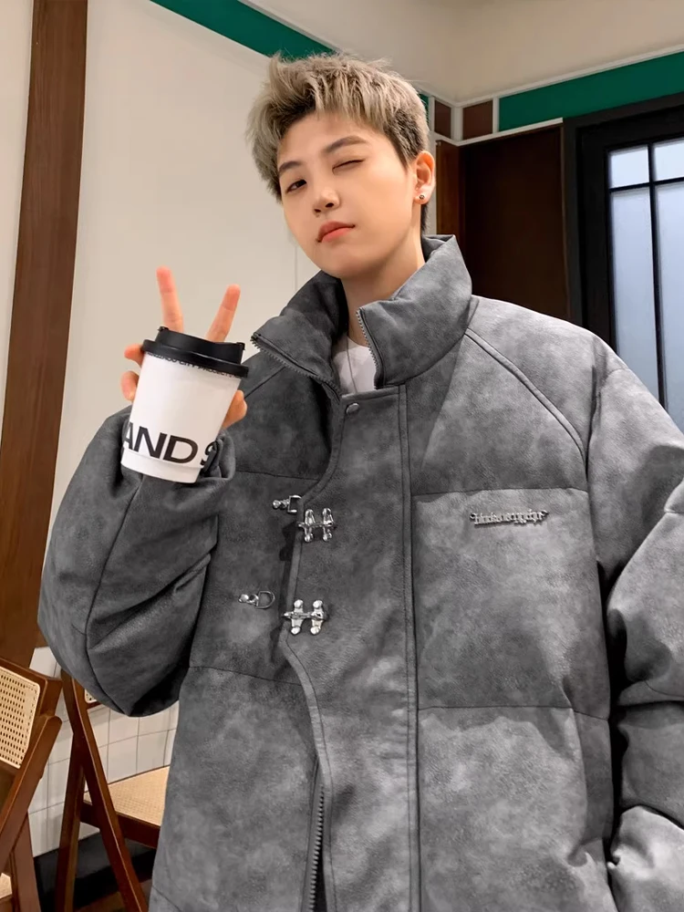 معطف رجالي من Thiened Warmth مصنوع من جلد البولي يوريثان الأمريكي القديم من القطن Jaet Winter High Street Vibe Metal Bule أسفل معطف بياقة واقفة #1