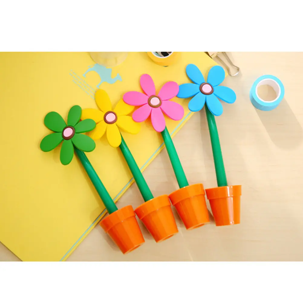 4Pcs Flower Pot Pen Sunflower Shaped Cartoon Roller Pens for Students School Supplies Creative Writing Pens Black Ink 0.5mm