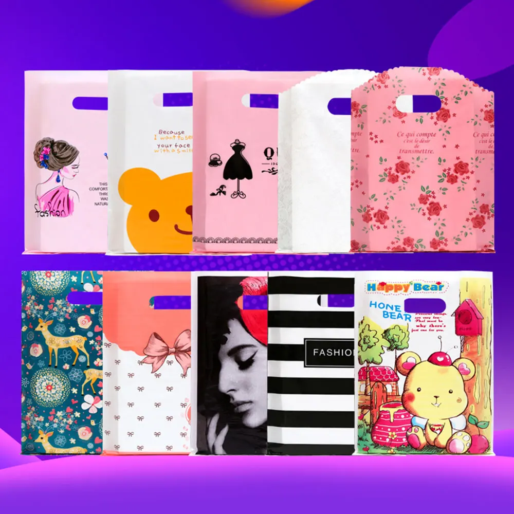 New Fashion Wholesale 10/50PCS  15X20CM Mini Plastic Gift Bag Small Candy Jewelry Packaging Bags With Handles Cute Shopping Bags