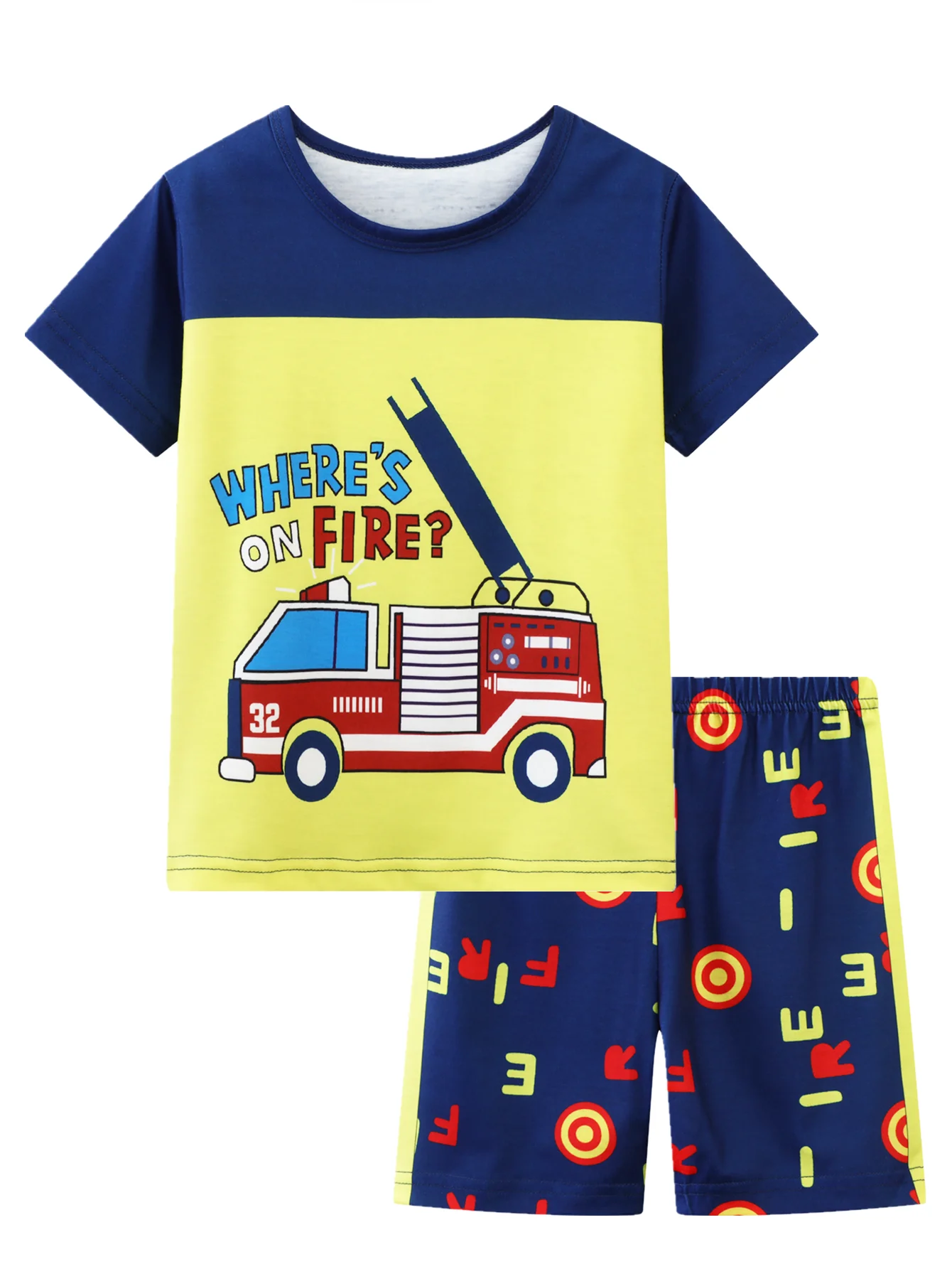 2pcs Boys Loungewear Set, Casual Cartoon Firetruck Print Short Sleeve Top + Shorts Cool Pajamas Home Clothes Set For All Seasons