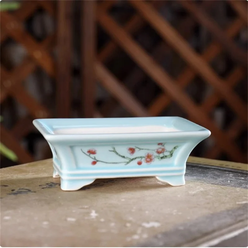 Porcelain Glazed Rectangle Small Bonsai Pot,Flower Branch Pattern,Home Decoration Vase,Colorful,Indoor Table Plant