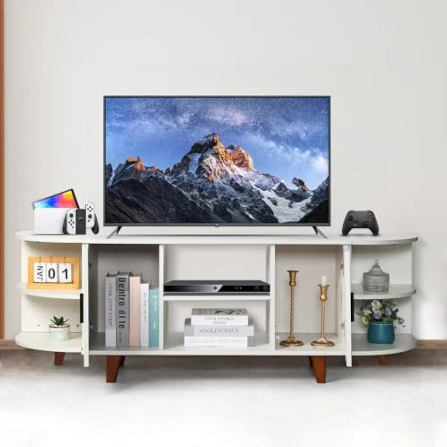 

White TV Stand for 70 75 inch TV Modern, 63’’ Media Console, Entertainment Center with Storage Cabinets for Living Room, Bedroo