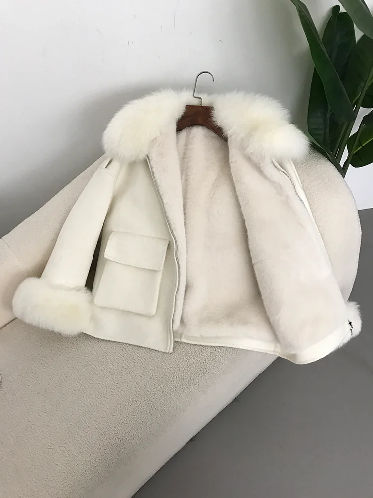 2025 Women Natural Fox Collar Cuffs Wool Cashmere Blends Pockets Outerwear Real Fur Coat With Thick Liner Winter Jacket