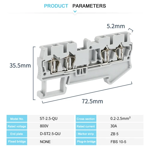 Imagen 2 del producto 10 Uds ST2.5-QU bloque de terminales de carril Din conexión de resorte 4 conductores conector de cable eléctrico de 2,5mm ST-2.5-QUATTRO