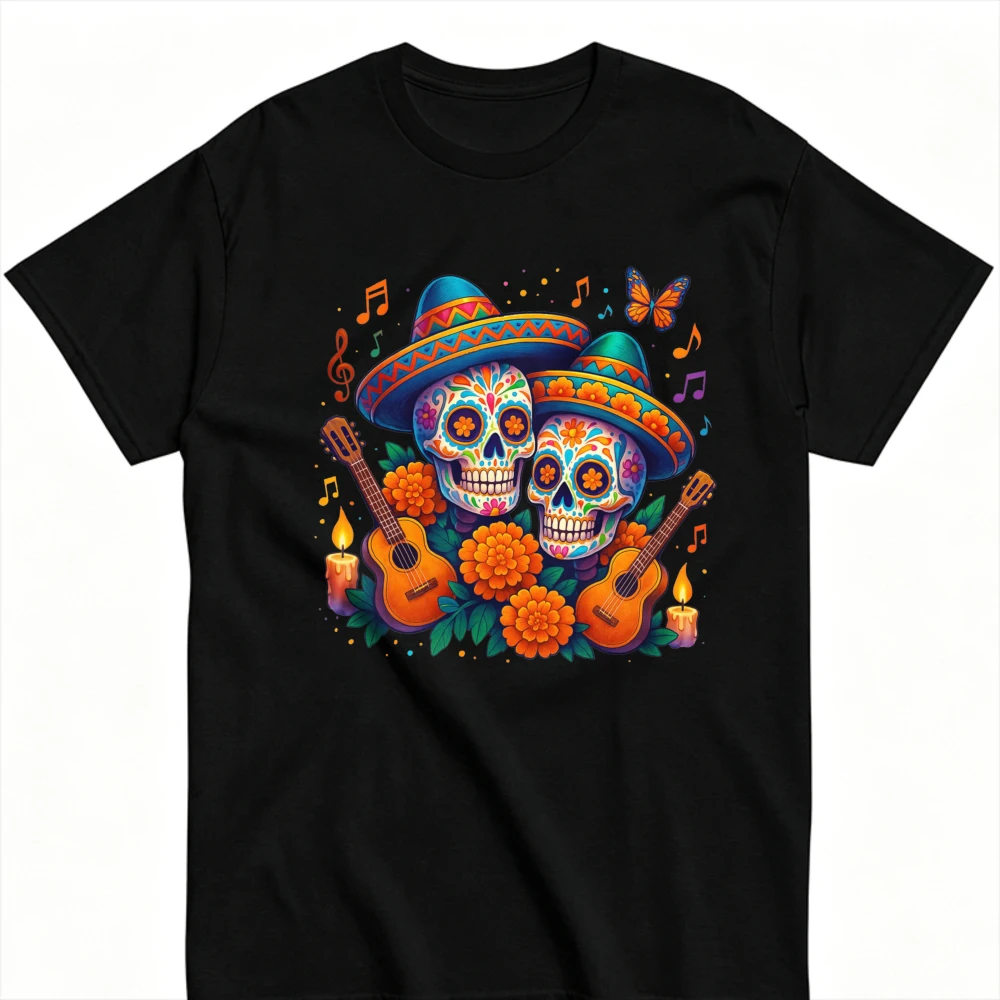 Vibrant Mariachi Sugar Skull Dia De Los Muertos Graphic T‑Shirt Sombrero Guitar Marigold Flower Candle Butterfly Music Note Tops