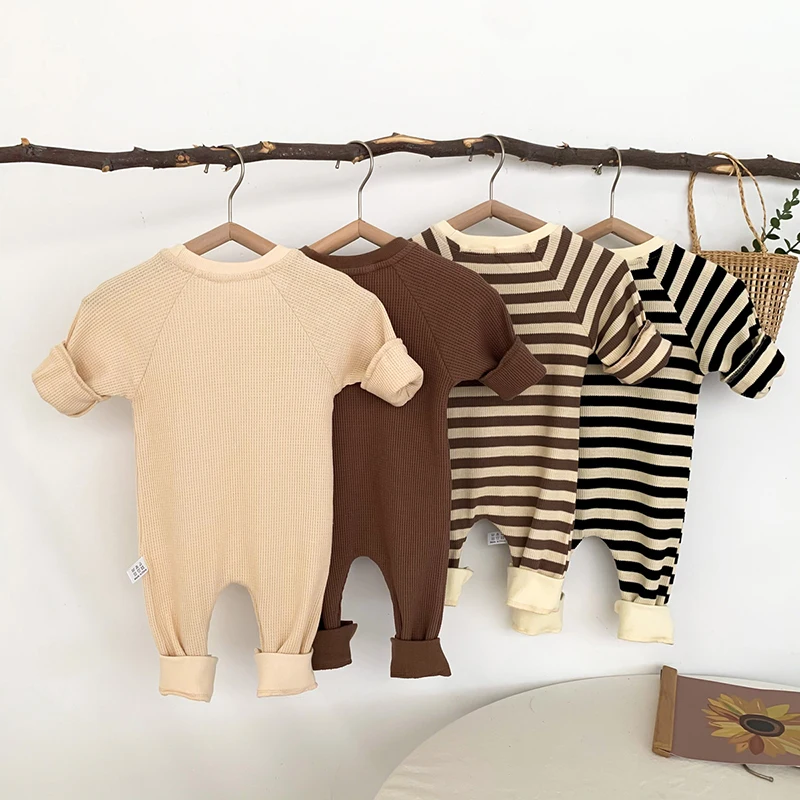 

0-24M Newborn Baby One-piece Romper long-sleeved Baby Boy Girl Clothes Infant Home Clothing Solid sStriped Jumpsuit Outerwear