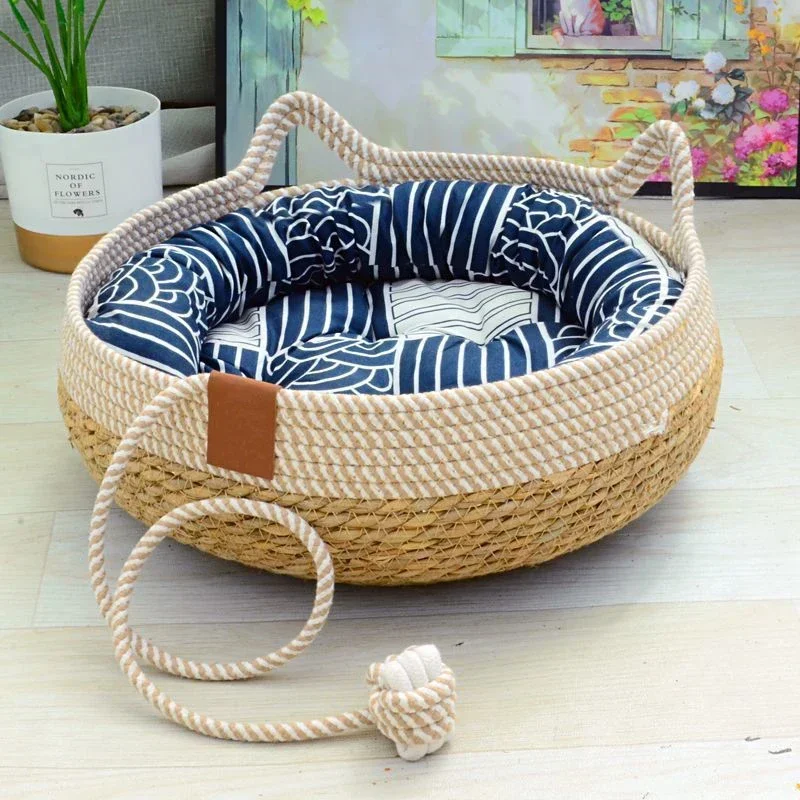 Summer Cat Bed Woven Removable Upholstery Sleeping House Cat Scratch Floor Rattan Wear-resistant Washable Cat Pet Supplies 35