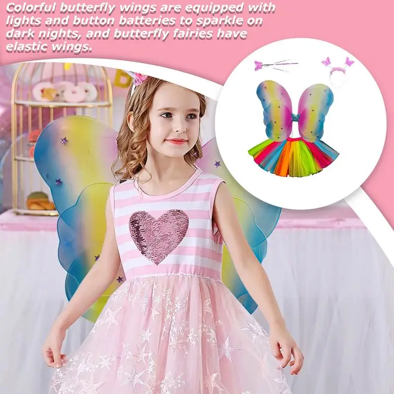 Feenkostüm für Mädchen, Feenkostüme für Kinder mit Lichtern, 4-teiliges Lichtern, Feenflügel-Packung, Schmetterlingsstab, Cosplay