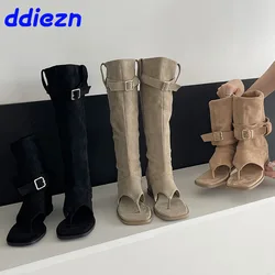 Western Women Knee High Boots 2024 New Footwear Buckle Female Fashion Height Increasing Ladies Sandals Boots Flip Flops Shoes