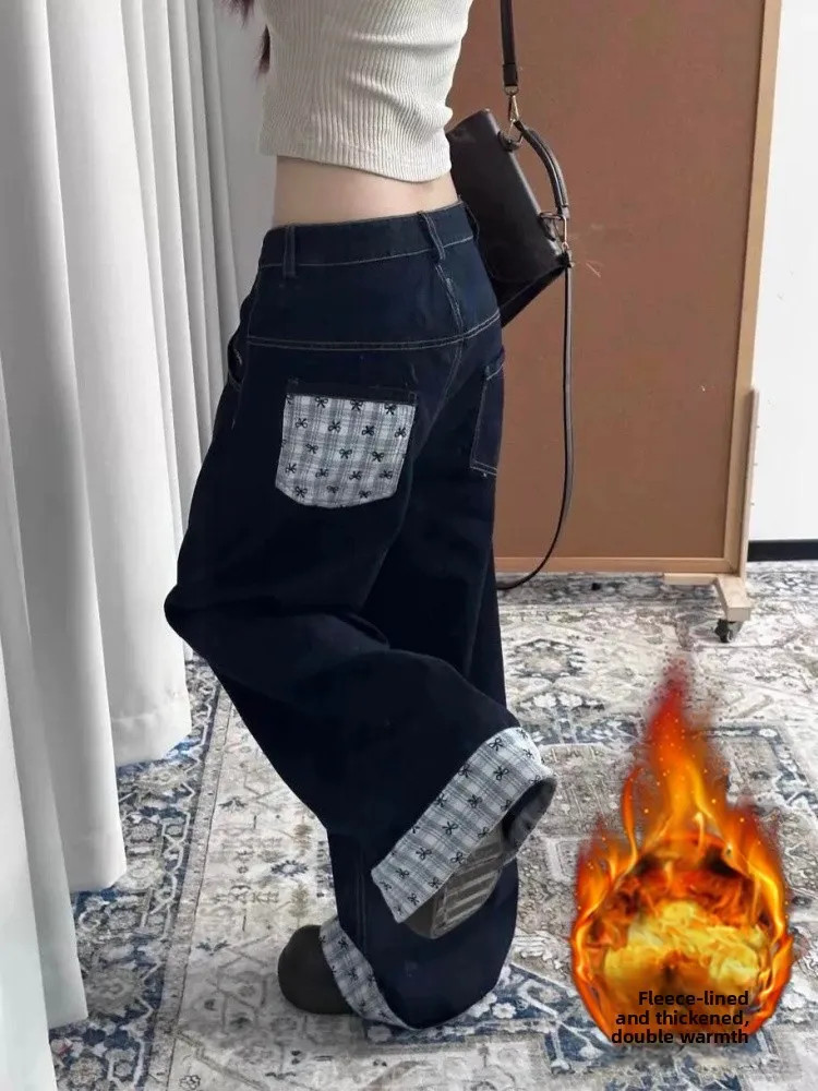 Большие размеры, джинсовые джинсы на подкладке Thi, женские зимние свободные брюки с высокой талией для похудения, широкие брюки, повседневные, удобные, дышащие