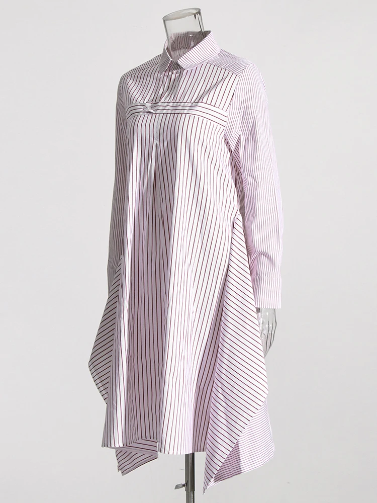 TWOTWINSTYLE Loose Dresses For Women Lapel Long Sleeve High Waist Colorblock Striped Minimalist Dress Female Fashion Clothing