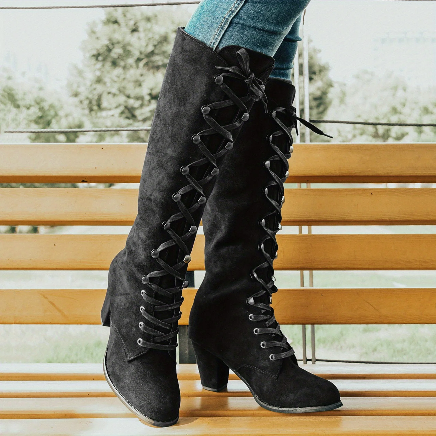 Women\'s Chunky Heeled Long Boots Retro Solid Color Lace Up Knee High Boots Casual Heeled Riding Boots