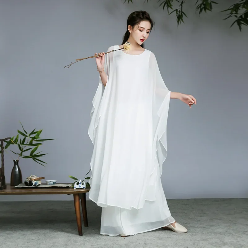 Drei Schichten Große Schwingen Chiffon Tee Anzug Zen Anzug Breite Bein Hosen Set Buddhistischen Meditation Nationalen Stil Tanz Kleid Mädchen