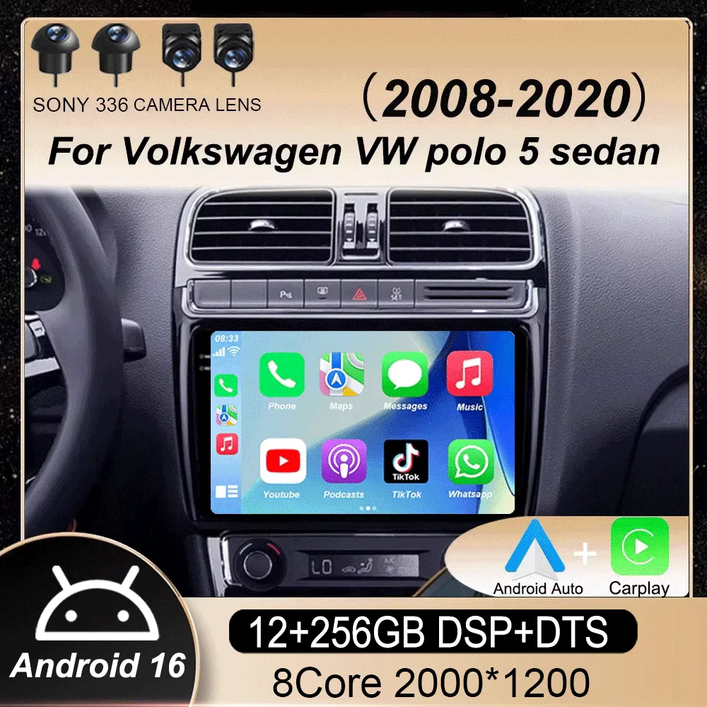Radio para Auto Android 16 para Volkswagen VW Polo 5 Sedán 2008 - 2020 Reproductor Multimedia Carplay Estéreo GPS DVD Unidad Principal 4G Wifi QLED