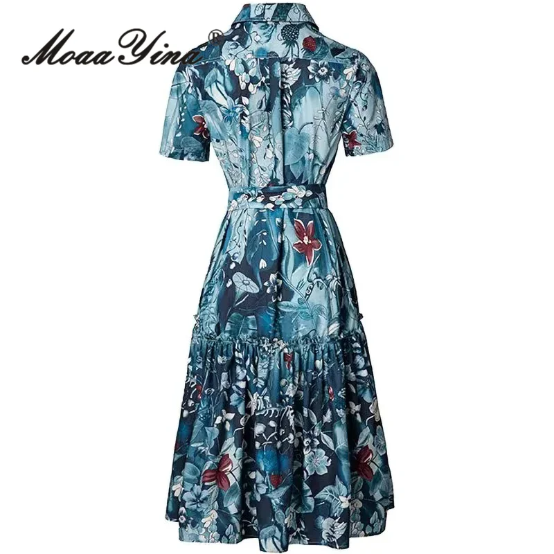 MoaaYina Summer High Quality New Arrivals Women Dress Bohemian Floral Print High Quality Cotton Sashes Temperament Dresses