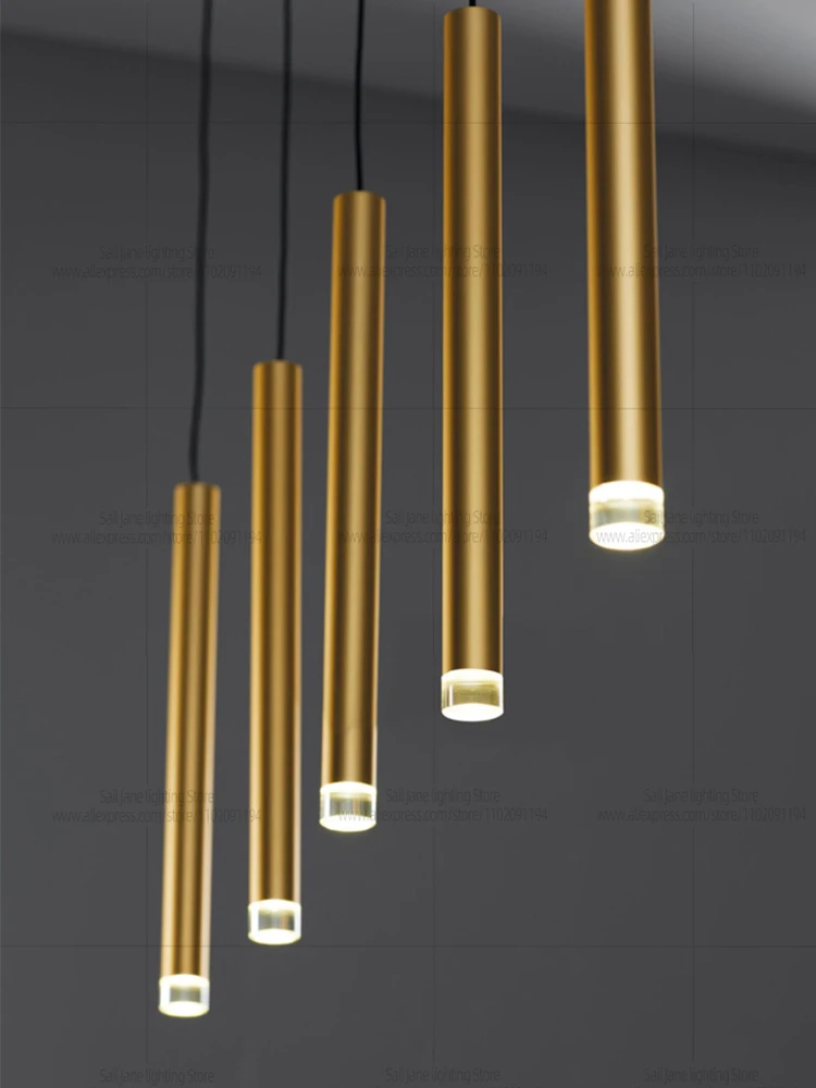 Golden Cylindrical Chandelier LED Minimalist Long Pendant Light Modern Living Room Island Lighting Villa Staircase Chandelier